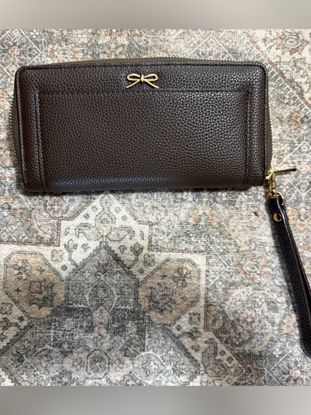 On 34th Macys Brown Wristlet Wallet with Gold Bow Accent